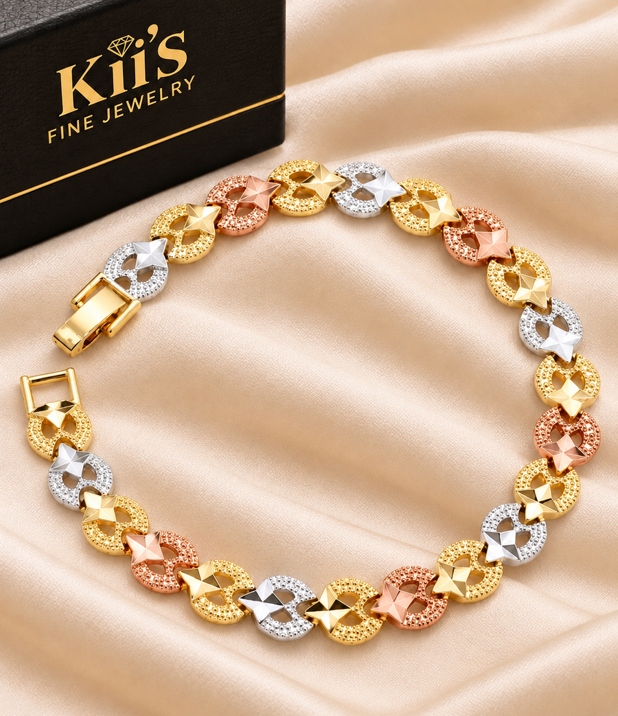Tri-Tone Heart Link Bracelet